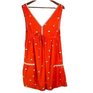 O’Neill Floral Boho Mini Sun Dress Orange Red Tied Waist Lace Trim V-neck M
